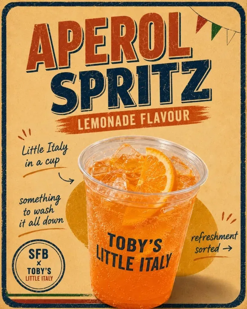 Aperol Spritz lemonade flavour drink at Toby's Little Italy Prestons