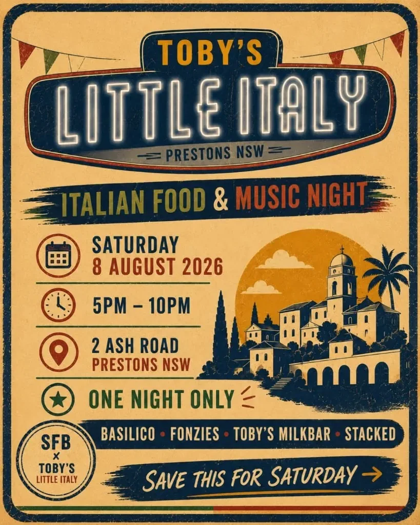 Toby's Little Italy Italian food and music night poster — Saturday 8 August 2026 at Toby's Milkbar Prestons