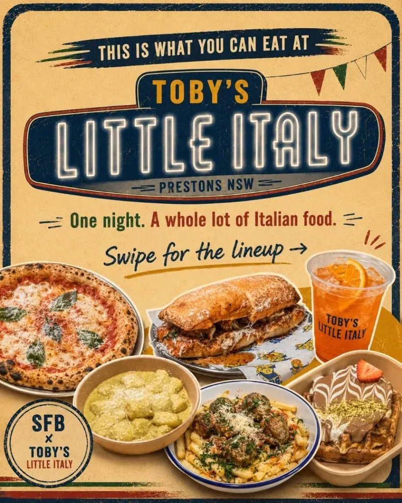 Toby's Little Italy food lineup — pizza, gnocchi, meatball sub, loaded fries, aperol spritz lemonade, and tiramisu waffles