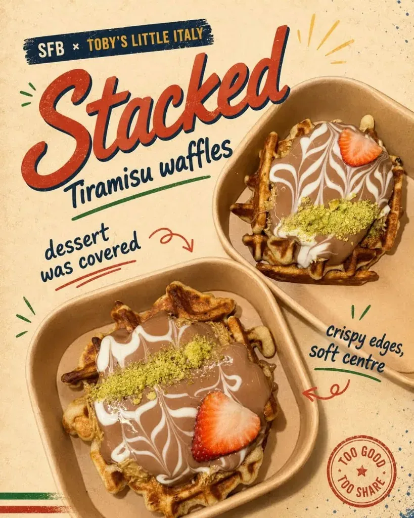 Stacked limited-edition tiramisu waffles at Toby's Little Italy