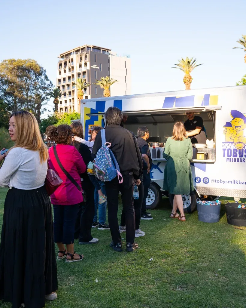 Customers lined up at Toby's Milkbar trailer